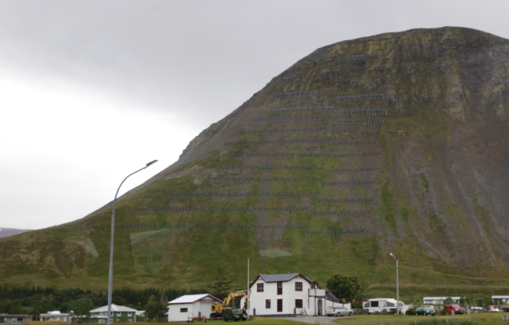 Avalanche barriers on the the mountains at Isafjordur, Iceland.