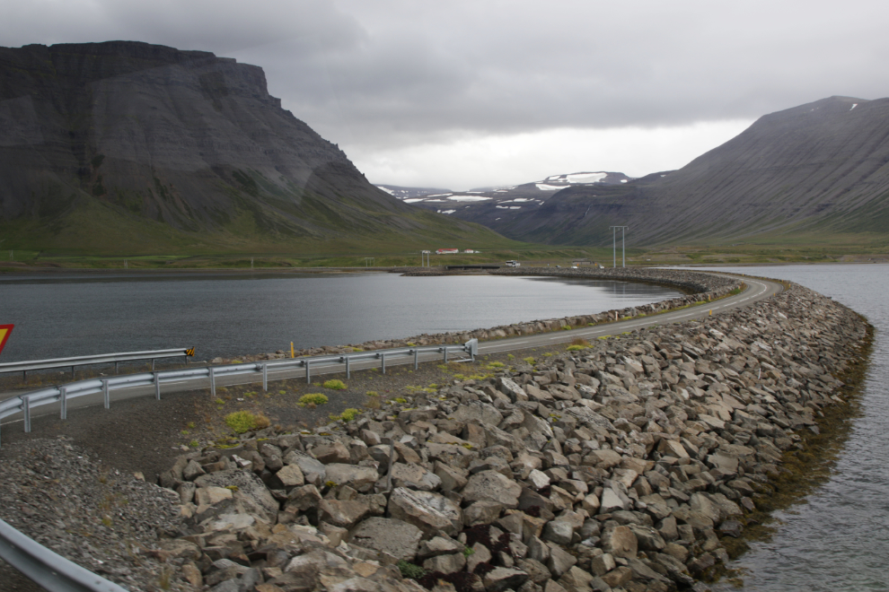 A causeway on the highway between  Isafjordur and Dynjandi, Iceland.
