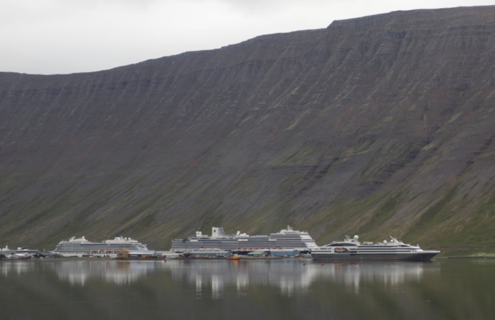 Four cruise ships docked at Isafjordur, Iceland.
