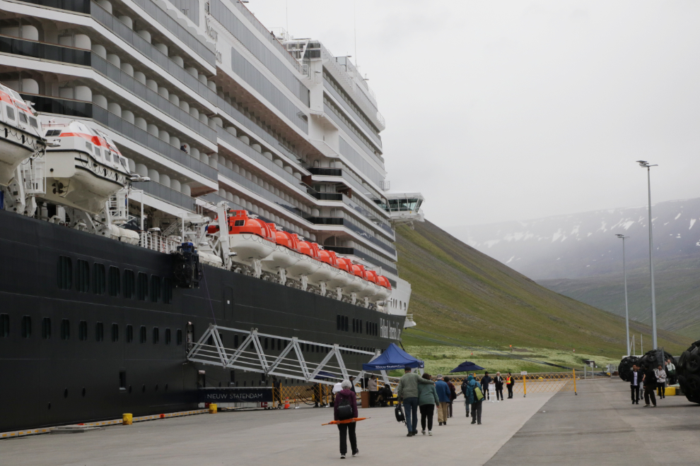 The Holland America cruise ship Nieuw Statendam docked at Isafjordur, Iceland.