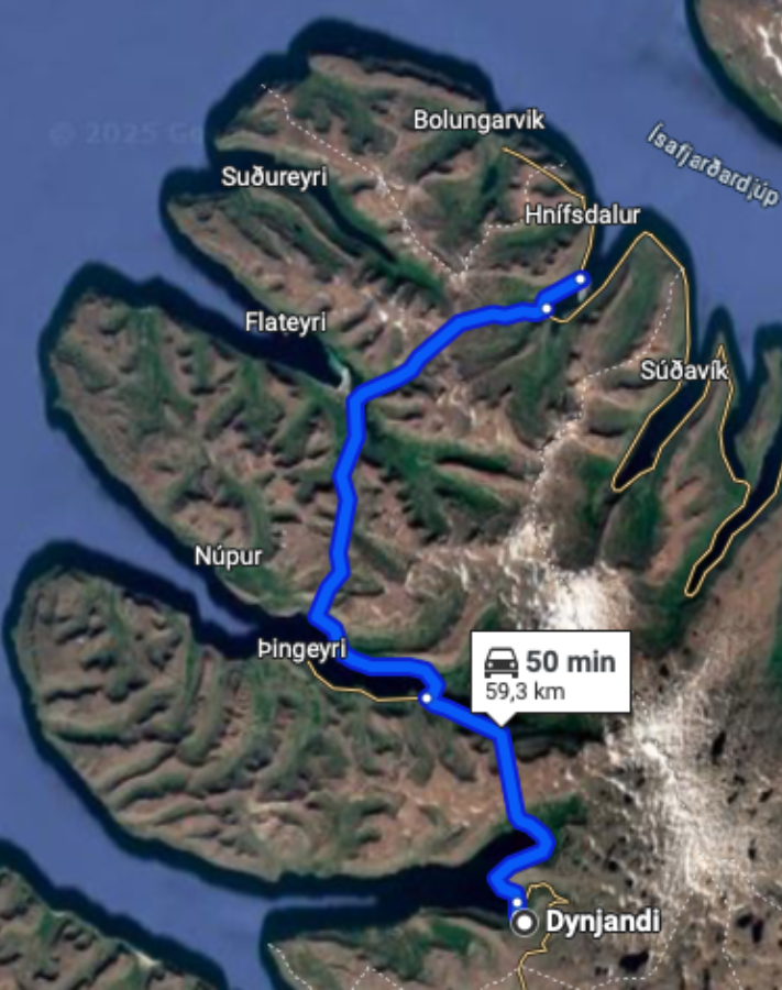 A map of our route from Isafjordur to Dynjandi, Iceland.