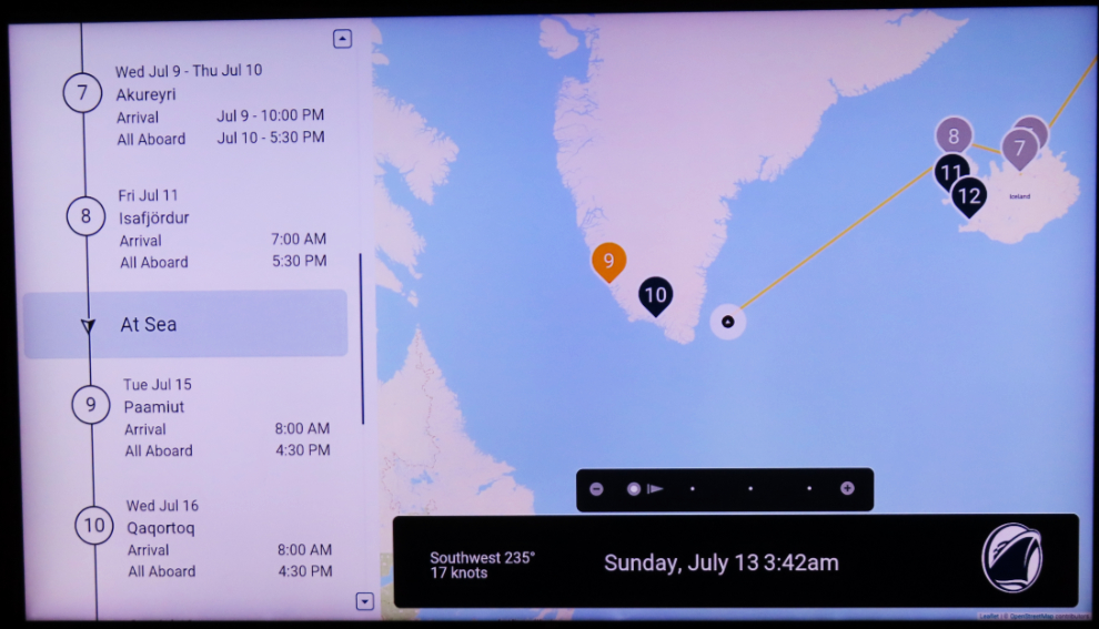 Our position map on the Holland America cruise ship Nieuw Statendam, headed for Greenland.