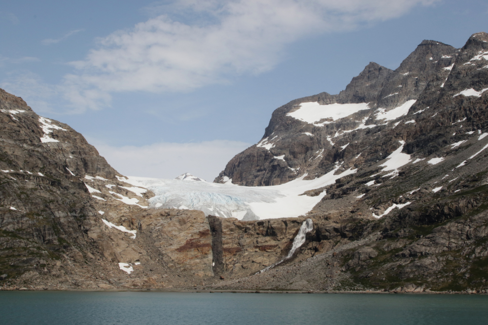 A hanging glacier and waterfall in Prince Christian Sound, Greenland.