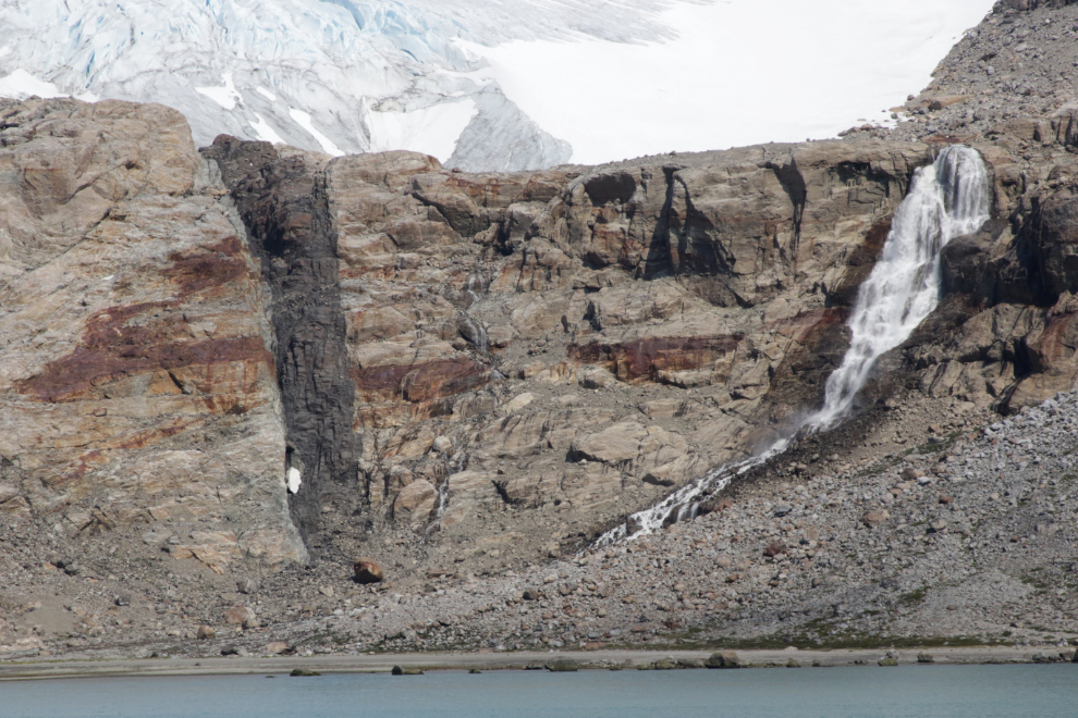 A hanging glacier and waterfall in Prince Christian Sound, Greenland.
