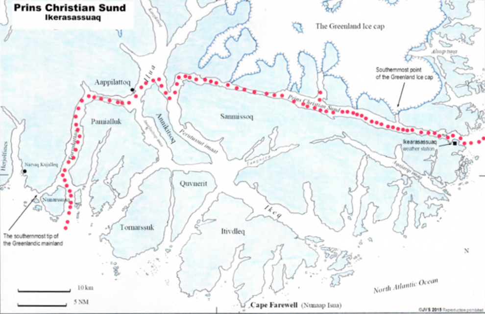 A map of the complicated route through Prince Christian Sound, Greenland.