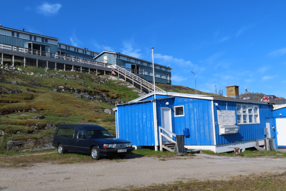 A chapel with a Volvo hearse at Paamiut, Greenland.