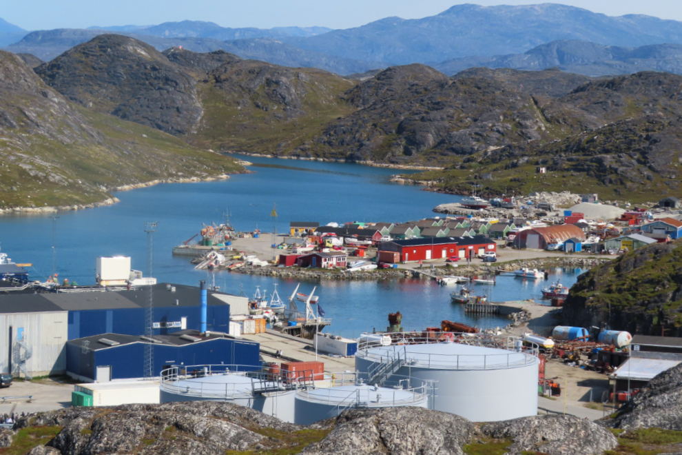 A high view of the harbour and industrial area at Paamiut, Greenland.