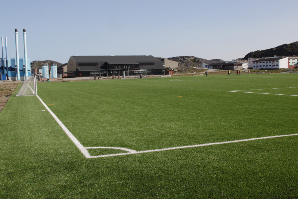 The artificial-turf playing field at Paamiut, Greenland.