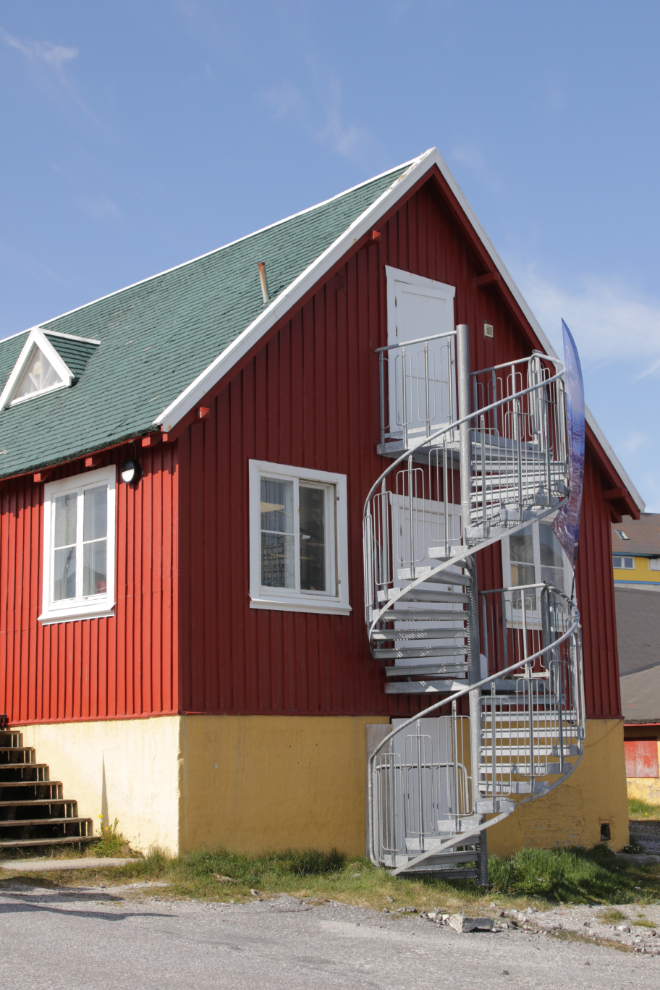 A steel spiral staircase on a building at Paamiut, Greenland.