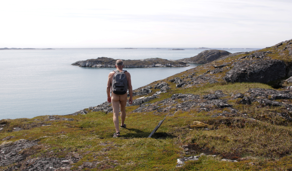 Nude hiking in the backcountry near Paamiut, Greenland.