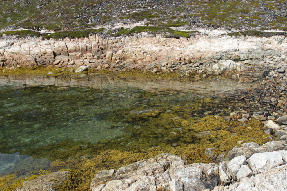 Crystal-clear water in a quiet cove in the backcountry near Paamiut, Greenland.