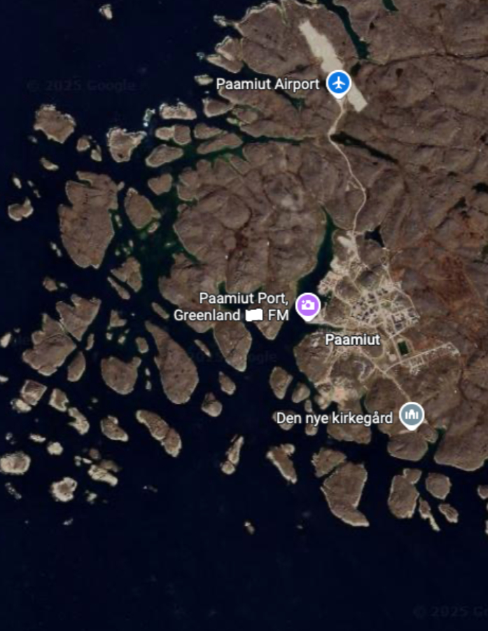 An aerial look at the complex coast around Paamiut, Greenland.