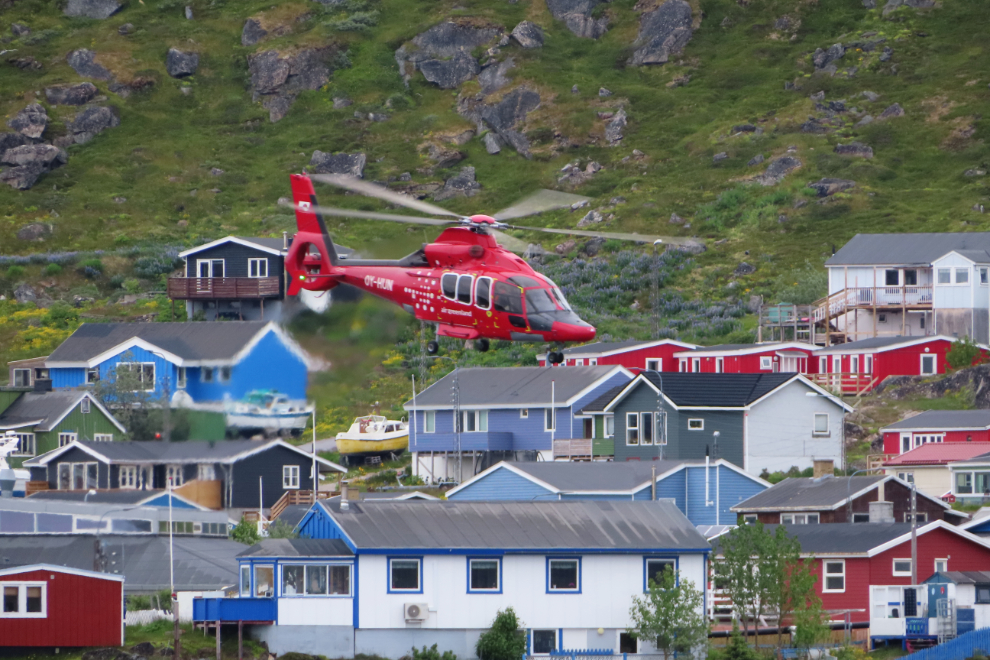 From my verandah on the ship, I watched a medevac in progress. OY-HUN is a Eurocopter EC 155B1 Dauphin operated by Air Greenland.
