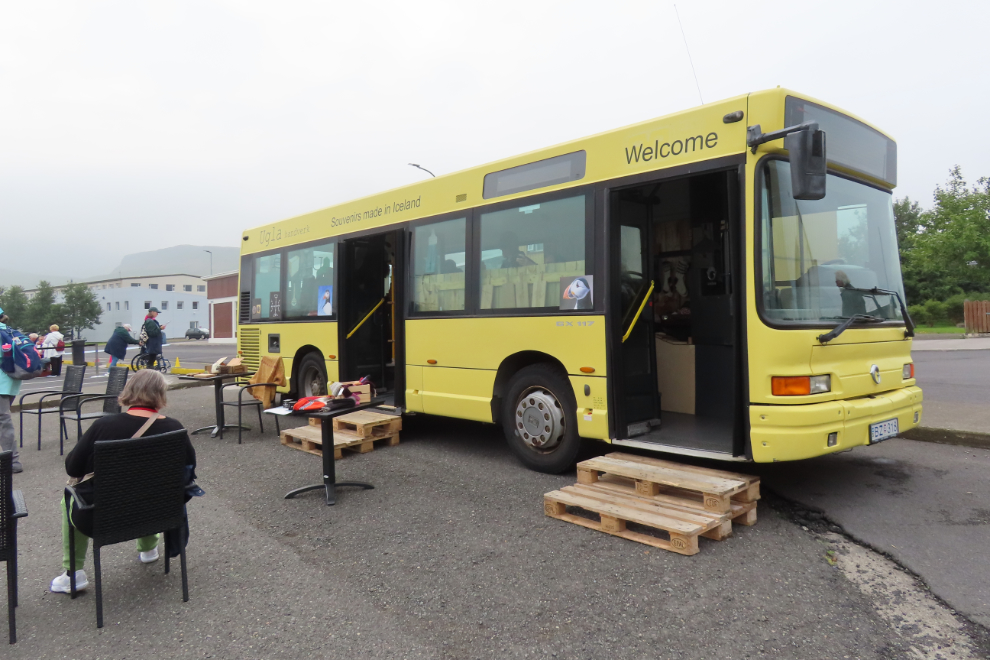 An old transit bus set up as a gift shop at Grundarfjordur, Iceland.