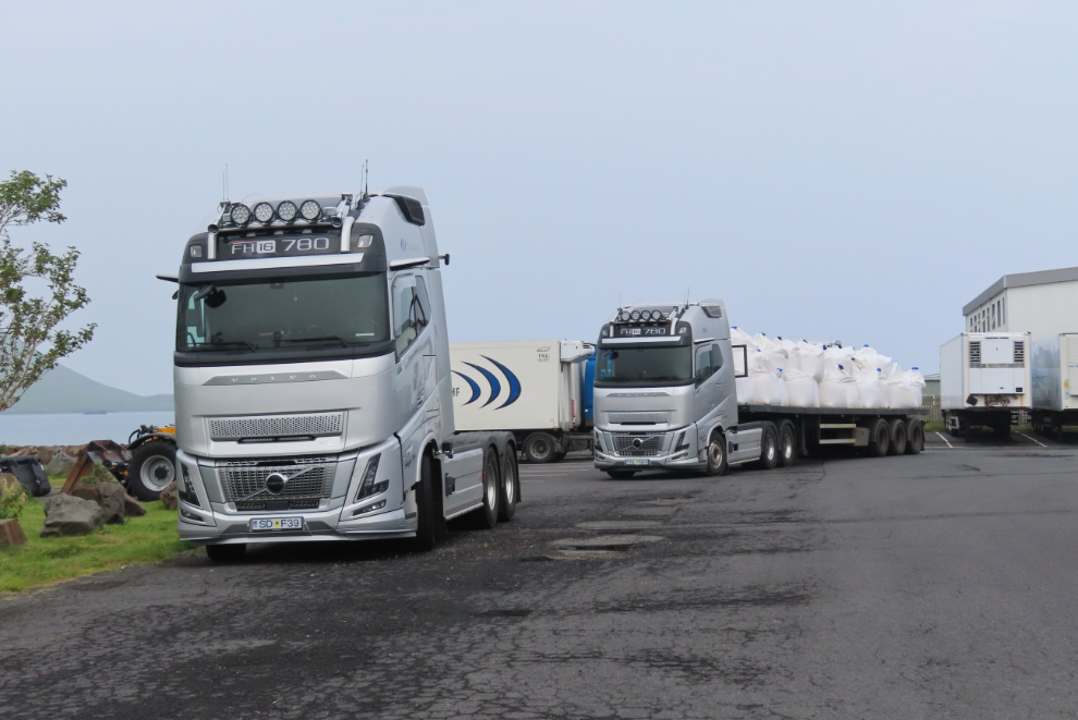 Two gorgeous Volvo cabover semis  in Grundarfjordur, Iceland.