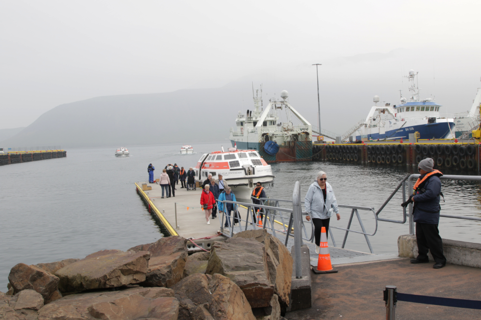 Arriving at foggy Grundarfjordur, Iceland, by ship's tender boats.