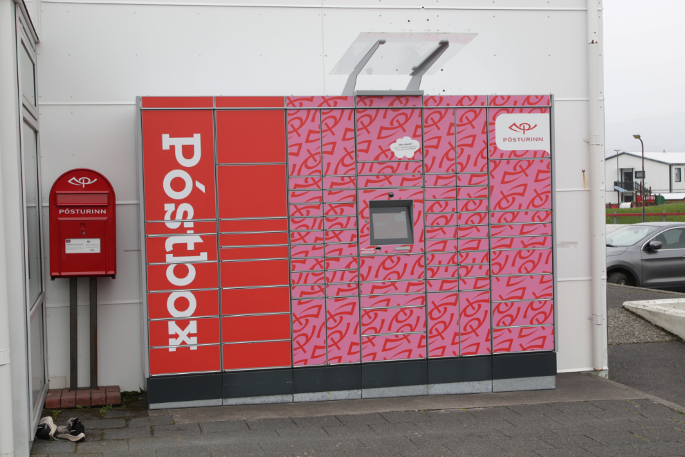 The post office mailbox system outside the grocery store at Grundarfjordur, Iceland.