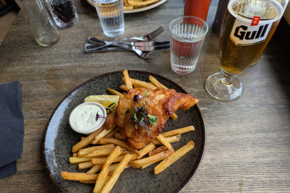 Cod and chips and an Icelandic beer at the Strondin Pub in Vik, Iceland.
