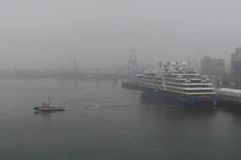The expedition cruise ship National Geographic Resolution docked at foggy Reykjavik, Iceland.