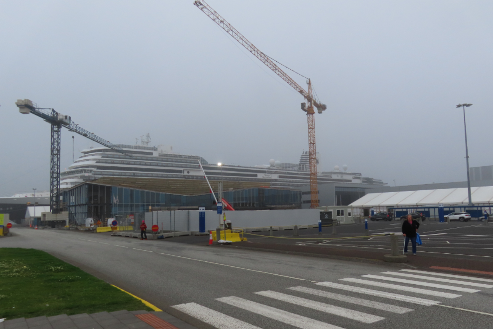 A new cruise ship terminal under construction at Reykjavik, Iceland, on a foggy morning in July.