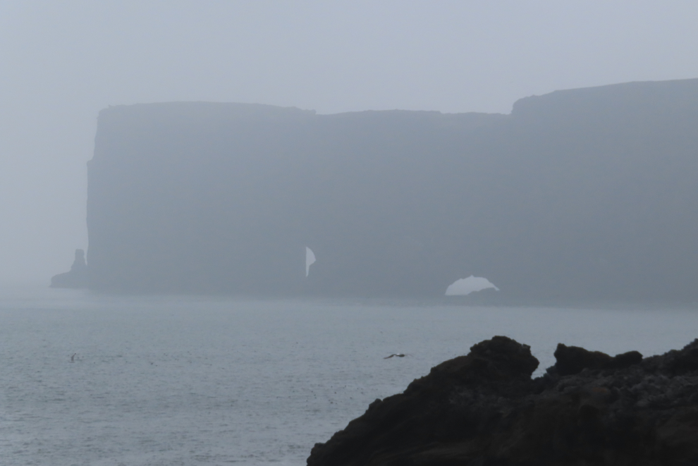 Arches at Dyrholaey on Iceland's South Coast, in heavy fog and volcanic smoke. 
