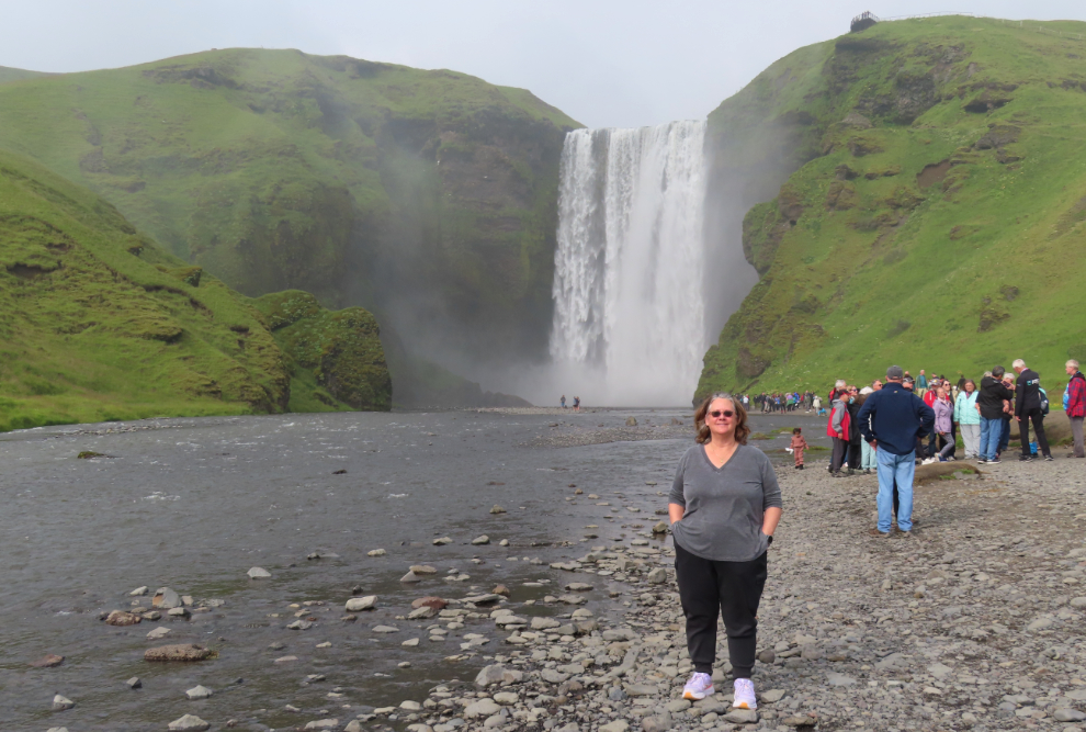 Cathy Dyson at the waterfall Skogafoss on Iceland's South Coast.