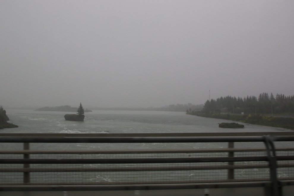 The river Olfusa, Iceland's largest river by volume, on a foggy morning.
