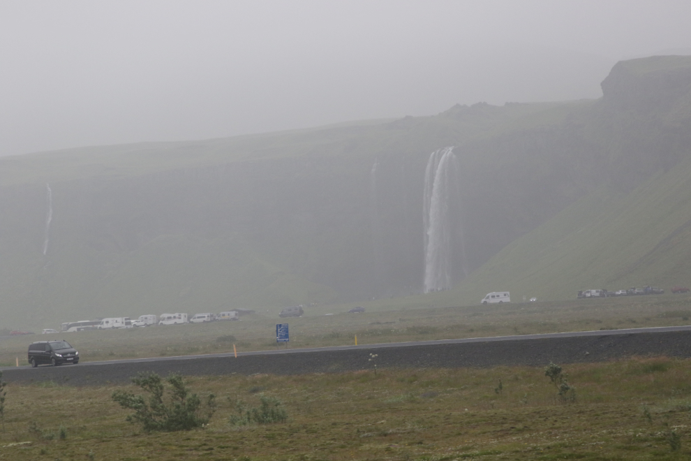 The waterfall Seljalandsfoss, Iceland, on a foggy morning.