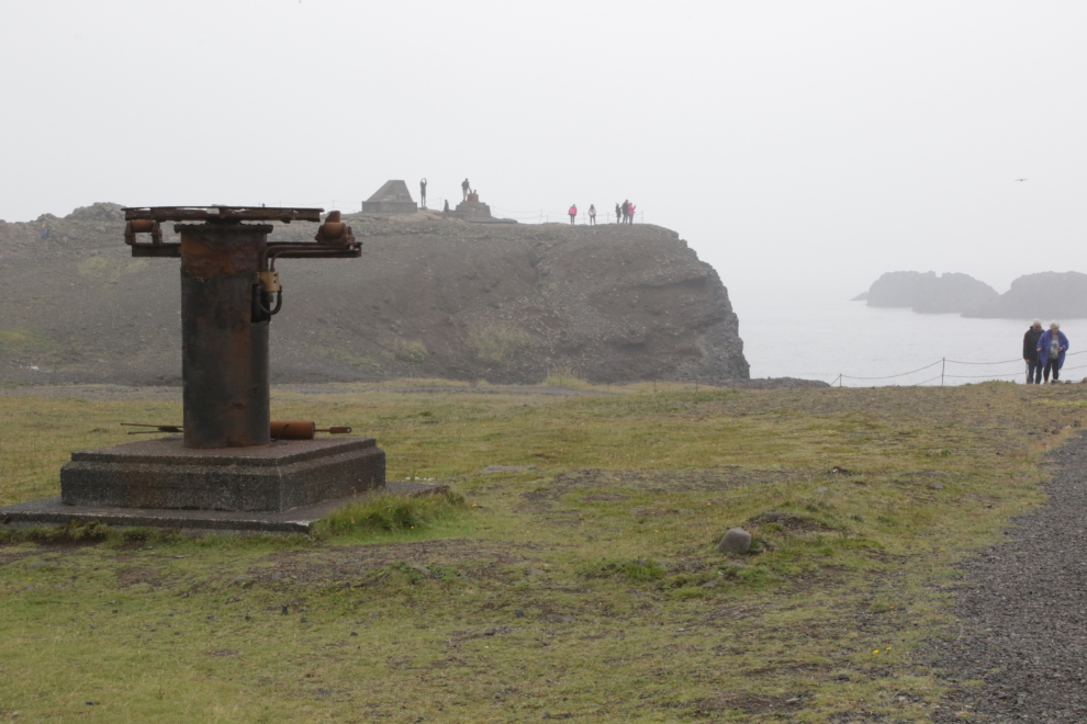 Historic ship rescue gear at Dyrholaey on Iceland's South Coast, in heavy fog and volcanic smoke.