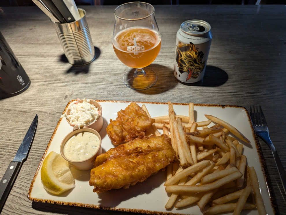 Cod and chips and an Icelandic beer at Papa's Restaurant at Grindavik, Iceland