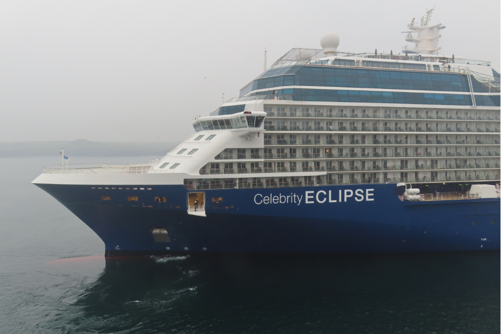 The cruise ship Celebrity Eclipse docking at foggy Reykjavik, Iceland.