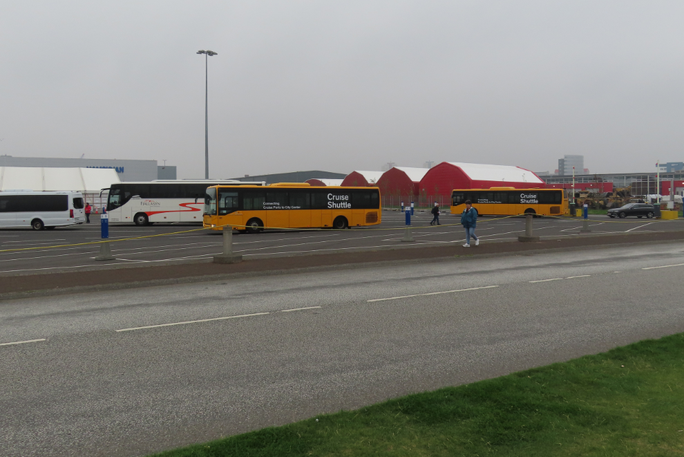 Cruise shuttle busses at foggy Reykjavik, Iceland.