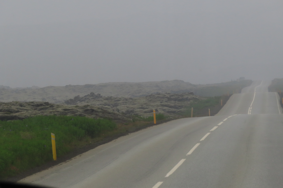 Iceland's 2-lane Route 42, Krysuvíkurvegur, running through a lava field.