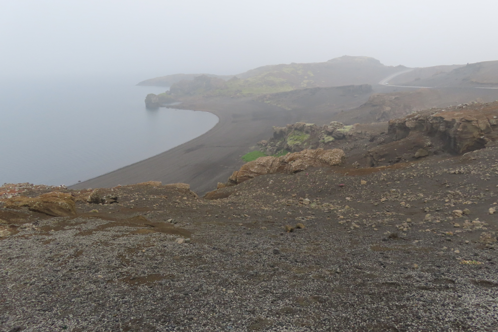 A viewpoint above Kleifarvatn, the largest lake on the Reykjanes Peninsula, in heavy volcanic smoke.