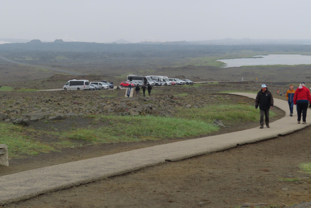 The walkway to the Bridge Between Continents, Iceland, in heavy volcanic smoke.