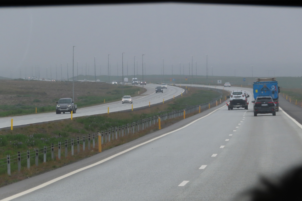 On the freeway back to Reykjavik, Iceland, in heavy volcanic smoke.