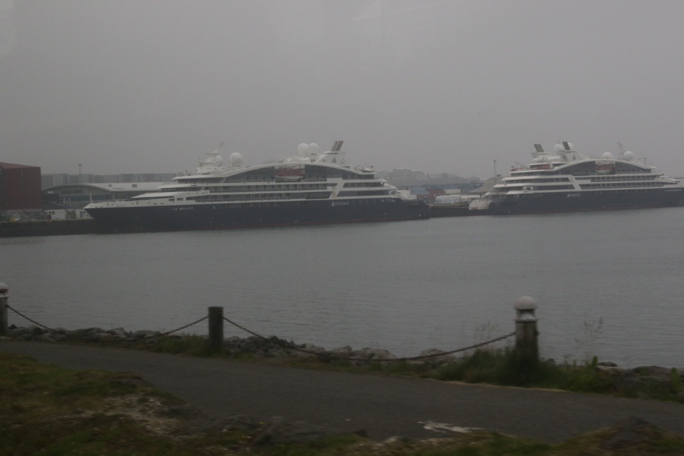 Two Ponant cruise ships docked together at Hafnarfjordur, Iceland.