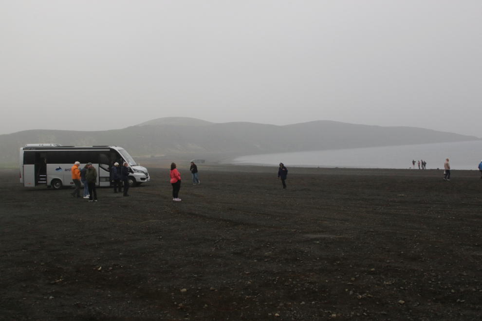 On the beach at Kleifarvatn, the largest lake on the Reykjanes Peninsula, in heavy volcanic smoke.