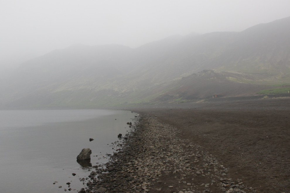 On the beach at Kleifarvatn, the largest lake on the Reykjanes Peninsula, in heavy volcanic smoke.