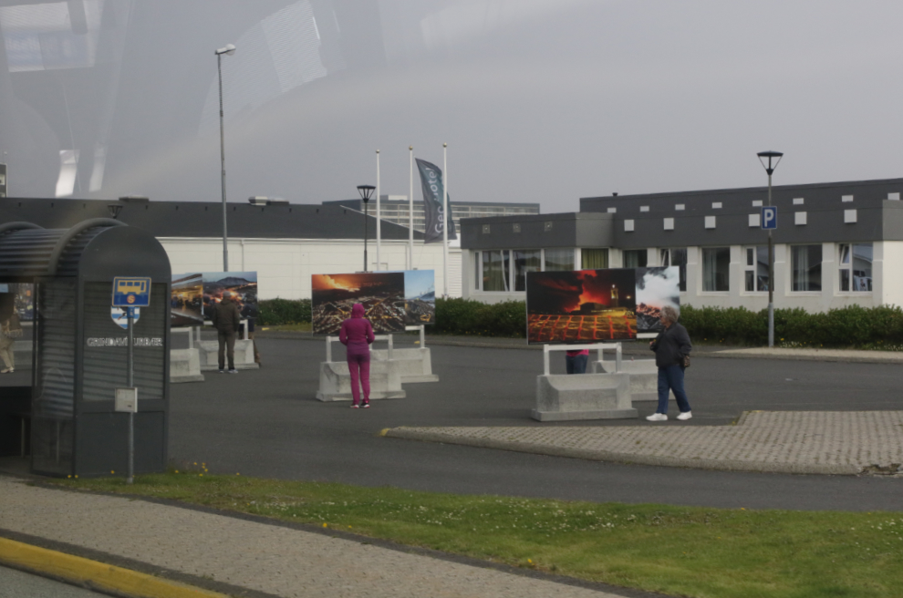 A photo dispaly in the area of Grindavik, Iceland, that has been the most heavily damaged by volcanic activity.