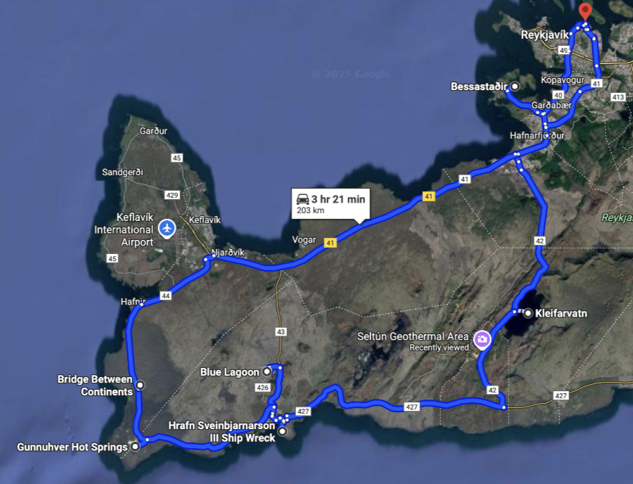 A map of our tour from Reykjavik, Iceland: the volcanic Reykjanes Peninsula.