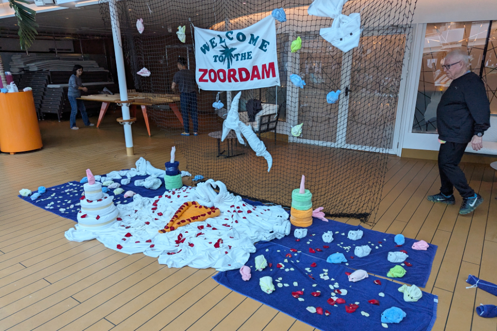 Zoordam, a day for the crew of the Holland America cruise ship Nieuw Statendam to show off their artistic skills building the ever-popular towel animals. 