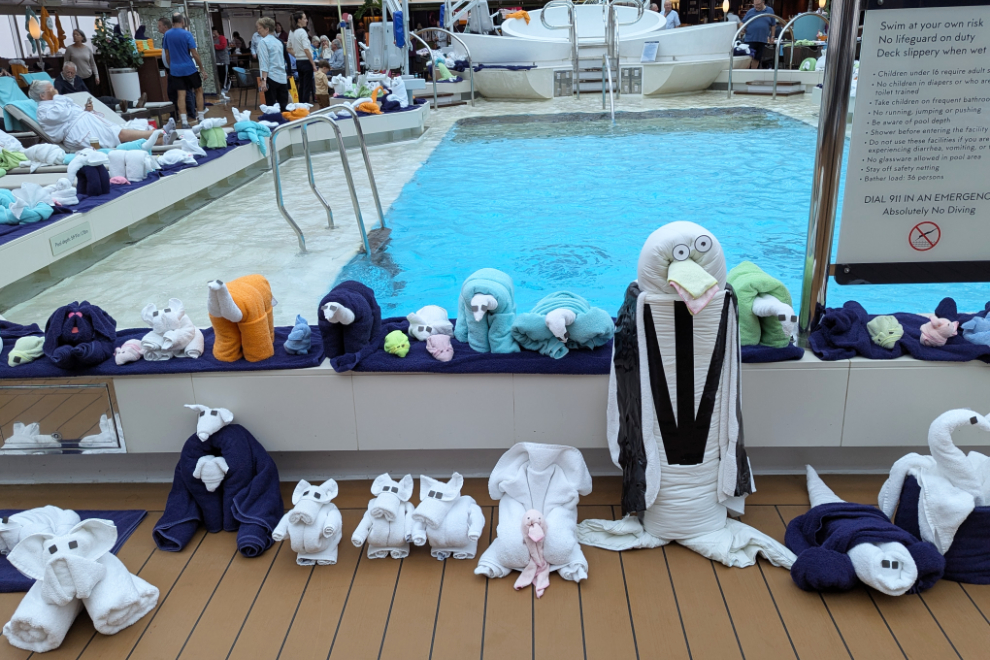 Zoordam, a day for the crew of the Holland America cruise ship Nieuw Statendam to show off their artistic skills building the ever-popular towel animals. 