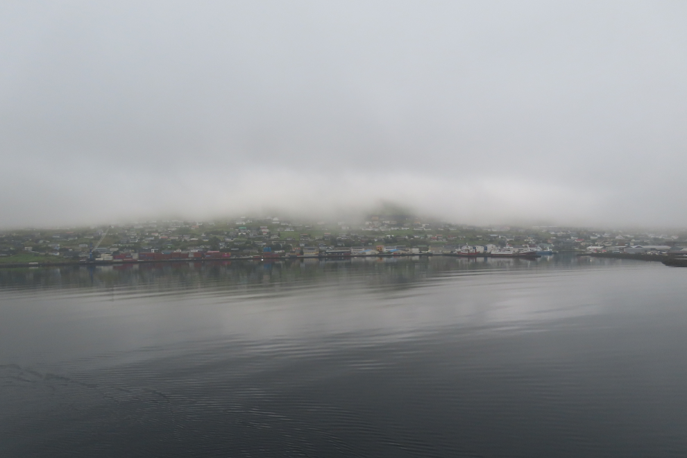 Fog starting to lift at Runavik, Faroe Islands, seen from our cabin on the Holland America cruise ship Nieuw Statendam.