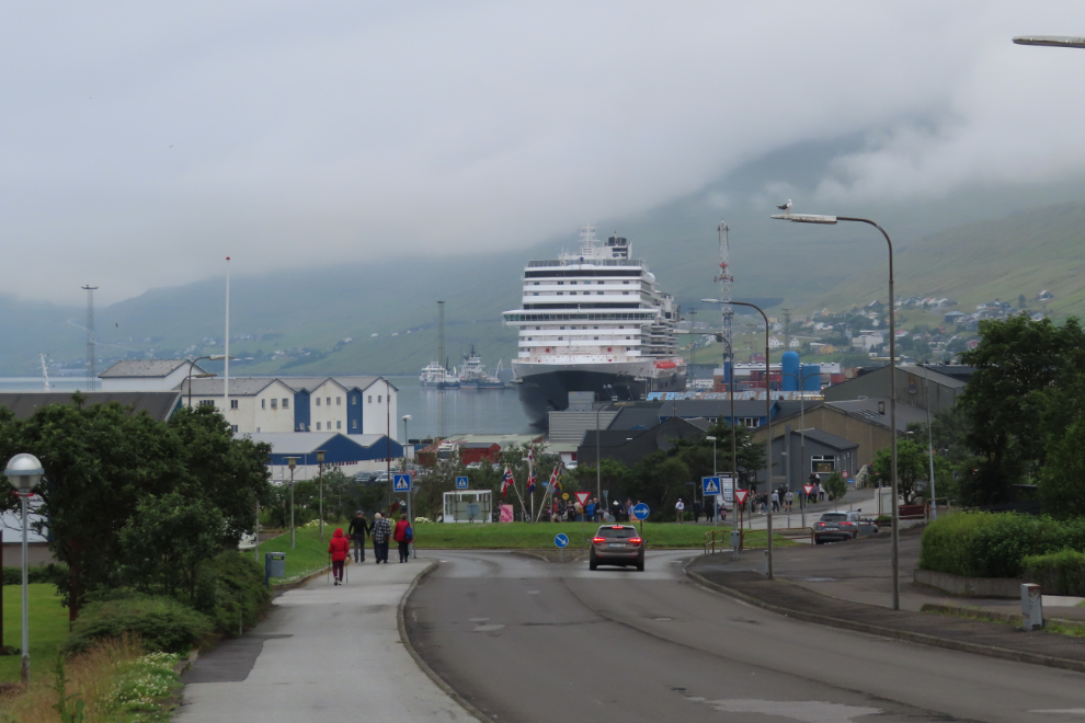 The cruise ship Nieuw Statendam dominates the view at Runavik, Faroe Islands.