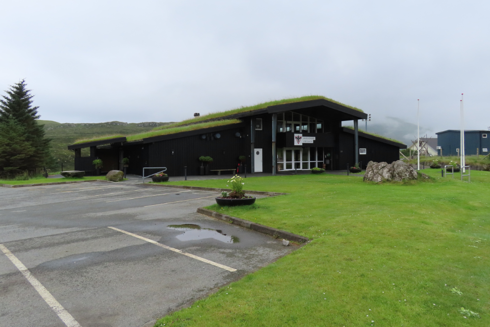 A newer sod-roofed building at Runavik, Faroe Islands.
