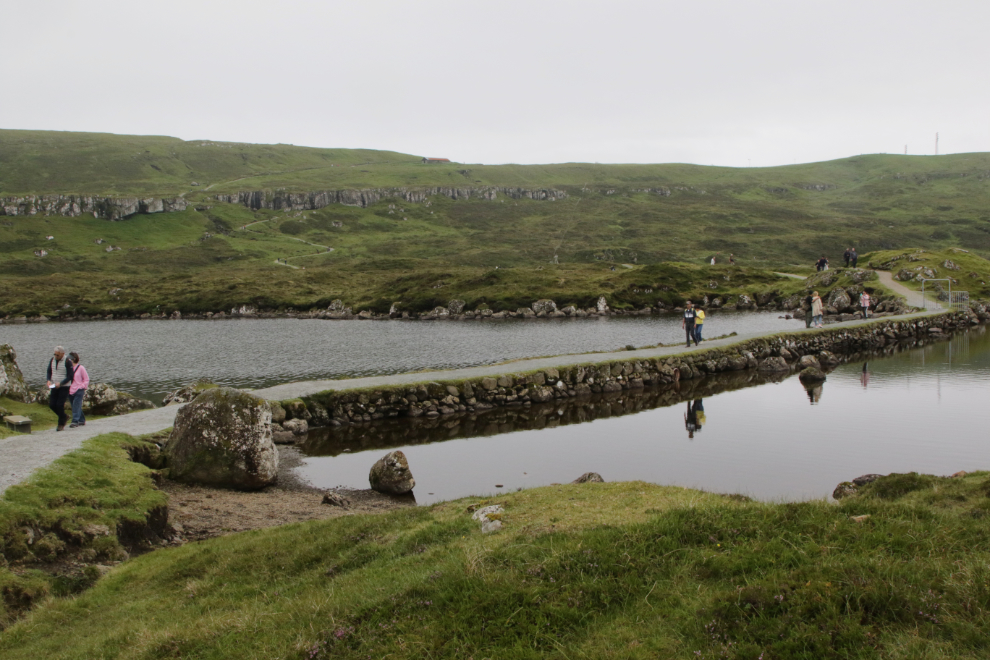 A causeway on the main walking path around the lake Toftavatn at Runavik, Faroe Islands.