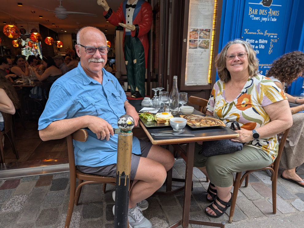 Murray Lundberg and Cathy Dyson having lunch at La Creperie du Clown in the Saint-Germain-des-Pres district in Paris.