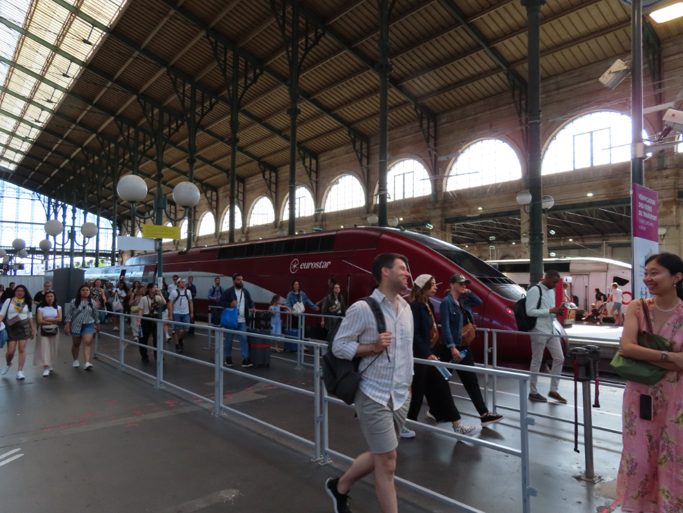 A Eurostar train at the Paris Gare du Nord train station in France.