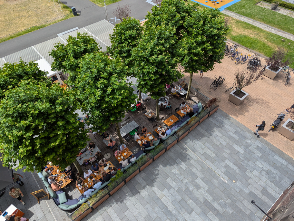The restaurant seen from our little balcony in Room 204 at the Hotel New York in Rotterdam.